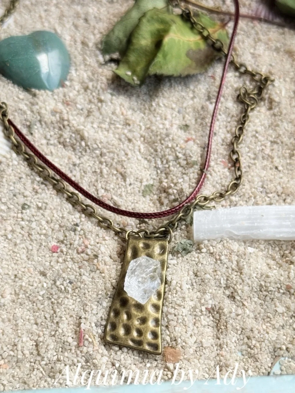 LAYERED Brass Pendant Necklace with RAW Clear QUARTZ and Burgundy Cord